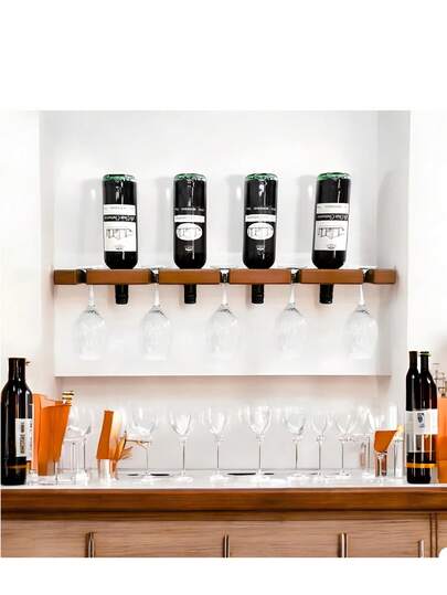 Suporte Para Vinhos E Taças De Madeira Parede 4 Garrafas 5 Taças Fixação Segura