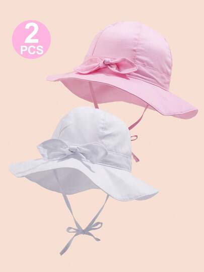 2pcs Baby Girls' Sun Hats, Adjustable Outdoor Beach Hat And Wide Brim Bucket Hat