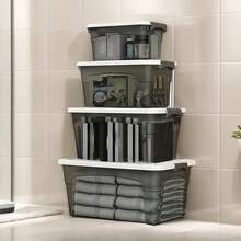 4pcs Stackable Storage Box Set With Lids & Handles, Durable Multi-Size Organizers For Christmas Decor, Closet, Bedroom, Car Trunk, Books & More, Transparent Organizer Containers, Bathroom Essentials, Home Organization