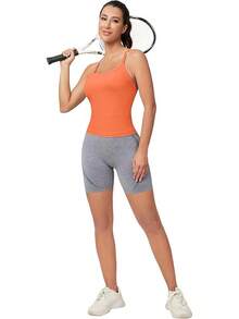 Workout Tops Women With Built In Bra, Sleeveless Gym Tops Seamless Racerback Athletic Yoga Shirts, Activewear - Orange - View 2