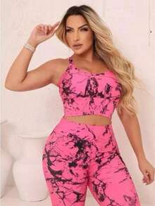 Women's Marbled Gym Leggings - Hot Pink - View 2