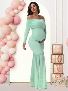 JustVH Maternity Long Sleeve Off Shoulder Dress Solid Color Mesh Paneled Split Hem Gown For Baby Shower Photoshoot Party - 薄荷綠 - 查看 4