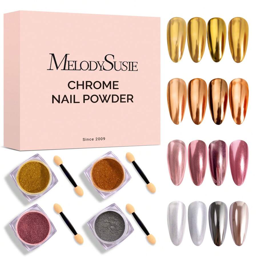 4 Jars Chrome Nail Powder Y2K Aesthetic Metallic Mirror Effect Holographic Aurora Chameleon Chrome Powder For Nail Art Gel Polish, Nail Supplies For Nails Glitter Powder Pearl - M01+M02+M03+M12 - 查看 1