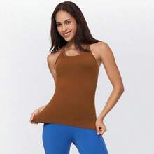 Yoga Racerback Tank Top For Women With Built In Bra,Women's Padded Sports Bra Fitness Workout Running Shirts - 咖啡 - 查看 5