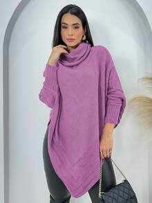 Swisz Women's Winter Poncho Knit Long Sleeve V-Neck Sweater With Scarf - Lilac Purple - View 1