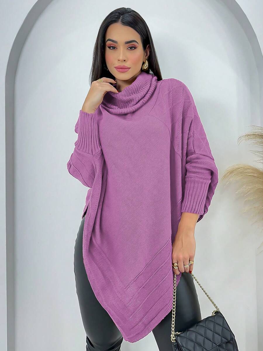 Swisz Women's Winter Poncho Knit Long Sleeve V-Neck Sweater With Scarf - Lilac Purple - View 1