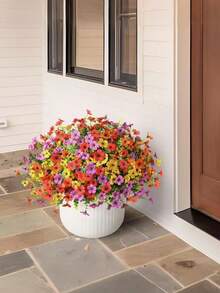 8 piezas Conjunto de decoración floral artificial - Margarita colorida, Eucalipto, decoración resistente a los rayos UV para exteriores e interiores para patio, jardín, balcón, entrada del hogar, decoración de otoño - Multicolor - Ver 4
