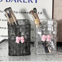 1 pieza Soporte de brochas de maquillaje con textura trenzada y pegatina de mariposa - Organizador de escritorio de gran capacidad para bolígrafos, caja de almacenamiento de plástico transparente blanco/negro de uso múltiple para brochas de maquillaje, bolígrafos, lápices labiales y papelería, almacenamiento ordenado - Perfecto para escritorios, tocadores, baños y mesitas de noche, dormitorio, oficina, para colecciones de vacaciones, baño, dormitorio, gran capacidad