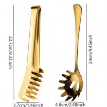 2 peças Colheres para Massa de Aço Inoxidável com Dentes, Conjunto de Utensílios Italianos para Massa, incluindo Garfo para Massa, Pegador de Massa de 9,33" e Garfo para Massa de 9,45", Reutilizáveis e Seguros para Lavar na Máquina de Lavar Louça (Dourado)