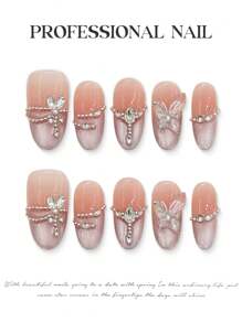 10 Peças Unhas Postiças Olhos de Gato Rosa com Strass, Naturais e Inquebrável, Simples de Usar para Decoração de Unhas DIY, Unhas Adesivas, Suprimentos de Unhas