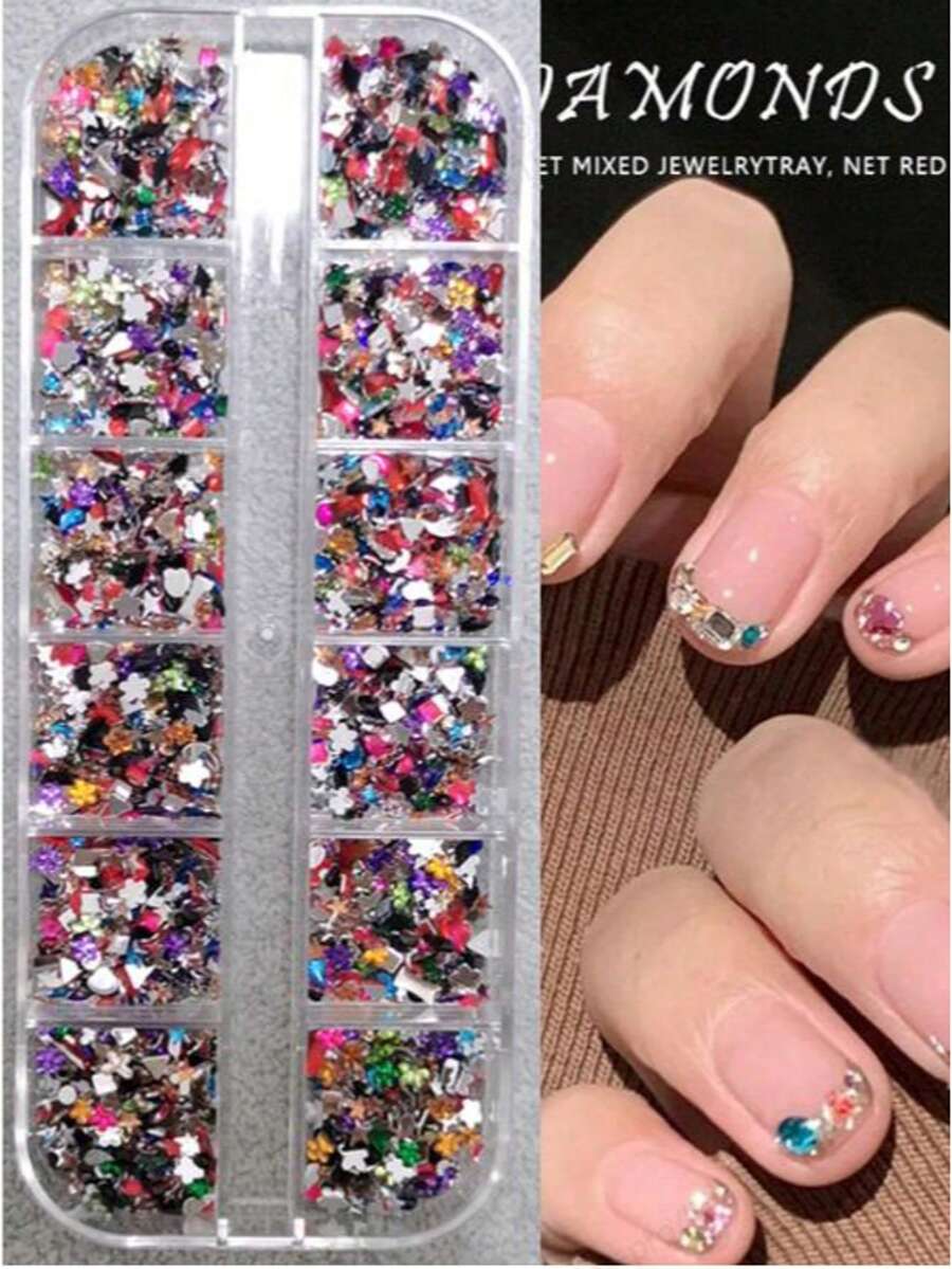 1 盒迷你水钻平底水钻美甲配件，12 格/盒 14 种颜色 Y2K 3D 蝴蝶结、星星、蝴蝶、心形混合不对称形状迷你指甲宝石水钻指甲饰物，闪亮 DIY 手足装饰指甲用品指甲宝石 - 彩色 - 查看 1