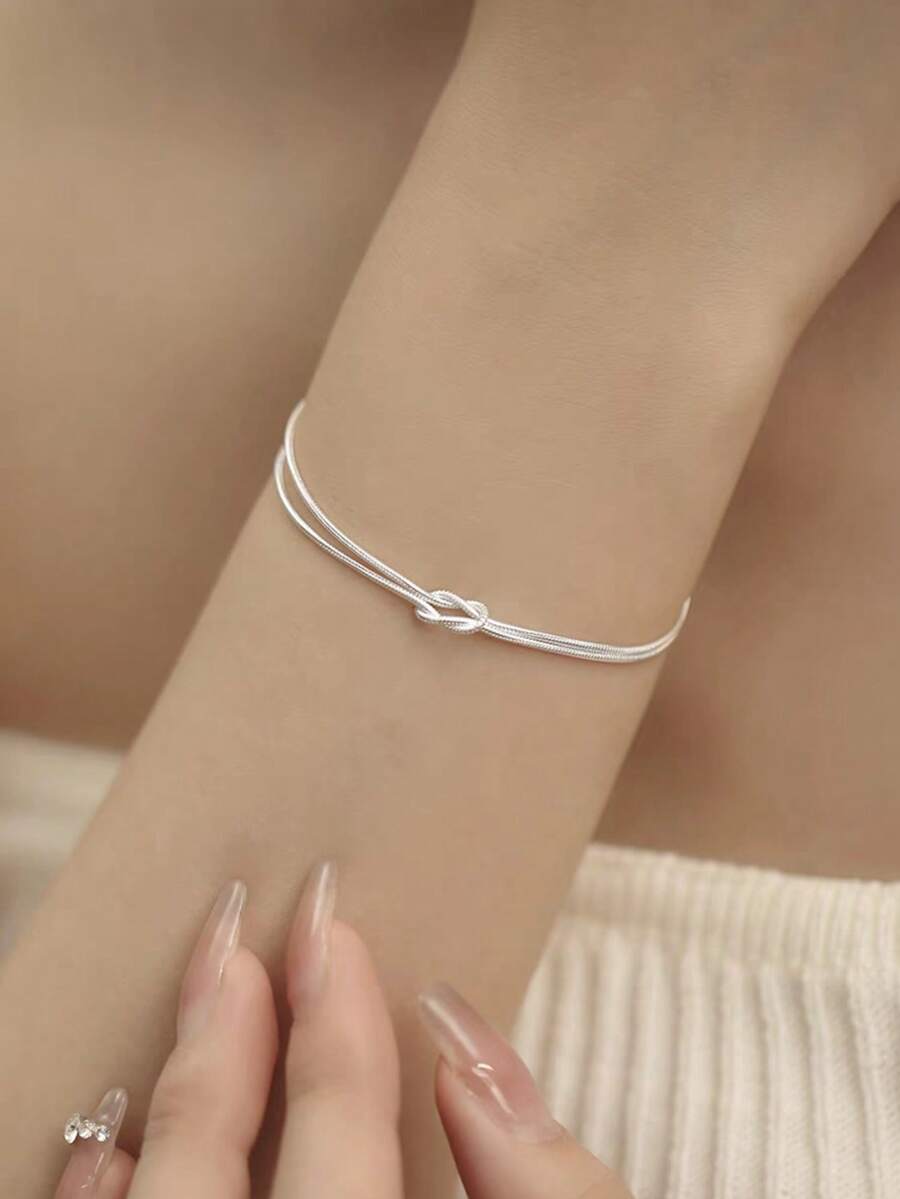 BALMORA 1 Pc Minimalist 925 Sterling Silver Double Layered Knotted Snake Bone Bracelet Elegant Hand Chain Jewelry Decoration Niche Design For Girl/Women/Girlfriend/Mother Retro Party Dating Gift Daily Wear Birthday Gift - Silver - View 1
