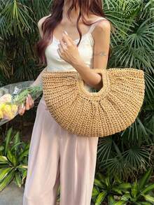 1pc New Khaki Large Capacity Handbag, Tote Bag, Woven Bag, Fan-Shaped Straw Bag, Crescent Handbag, Suitable For Travel, Vacation, Beach