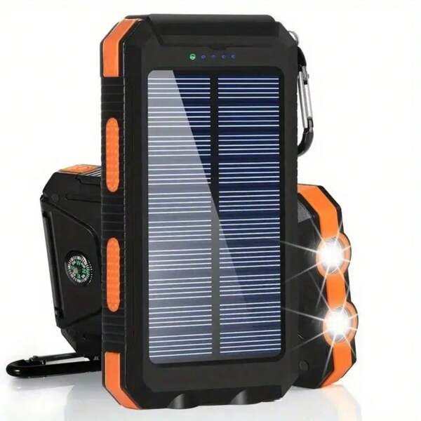 1pc Portable Solar Power Bank With External Battery Charger And Bright LED Light, Emergency Outdoor Charger, Suitable For Outdoor Camping, Hiking And Emergency Use With LED Light And Compass, Ideal For Camping Trips, Applicable For IPhone, Android Phones, Multifunctional Solar Phone Charger For Outdoor Activities With Compass Design