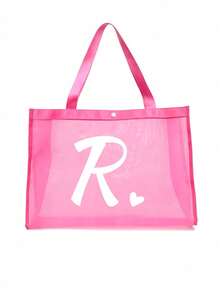 Túi lưới đi biển in chữ cái A-Z và hình trái tim, túi xách đi biển gấp gọn, dung tích lớn, nhẹ, chất liệu lưới, trong suốt, thích hợp để đựng đồ đi biển và mua sắm, túi vuông, túi xách tay, túi đeo vai, túi lưới. - Hồng - Xem 11