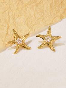 1 对简约海星设计不锈钢耳钉，适合女性日常生活、旅行、派对佩戴 - 金黃色 - 查看 4