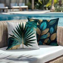 [2D Flat Printing] 4pcs 3D Green And Gold Leaf Print Pattern Pillow Covers [Without Pillow Insert], 17.7*17.7in (45*45cm), [Single-Sided Printing] Polyester Decorative Cushion Covers For Sofa, Bed, Living Room, Bedroom, Car, Office, Hotel, Room Decor, Home Decor, Bedroom Decor, All Season, Perfect Gift For Family And Friends