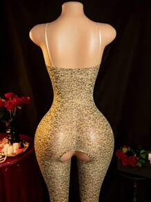 Sexy Lingerie One-Piece Stockings Leopard Print Strap With Crotch One-Piece Stockings Women's Erotic Clothing Erotic One-Piece Clothing Stockings Sexy Full Body Suit Fishing Net Jumpsuit
