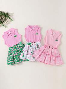 Kids Girl 2 Piece Outfit Lapel Sleeveless Tank Tops And Golf Print Pleated A-Line Skirt Set For Toddler Summer Clothes - 紅色 - 查看 1