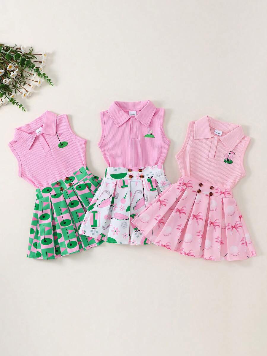 Kids Girl 2 Piece Outfit Lapel Sleeveless Tank Tops And Golf Print Pleated A-Line Skirt Set For Toddler Summer Clothes - 紅色 - 查看 1