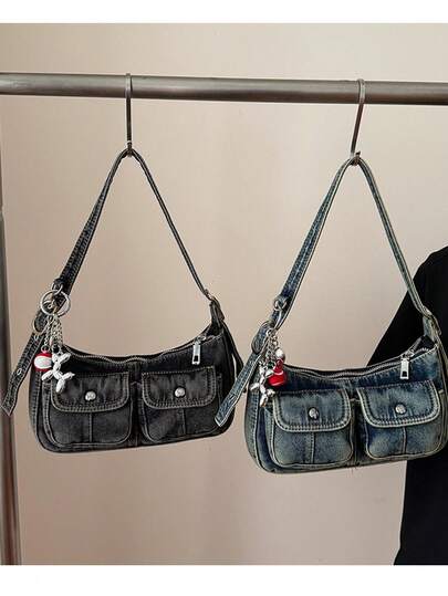 Retro Women's Shoulder Bag, Versatile High-Quality Underarm Bag, Niche Fashion Denim Handbag With Pendant