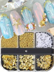 6 Grid Gold Seashell Starfish Nail Charms Metal Rivets Accessories Steel Ball Pearl Nail Art Decorations 3D Summer Mixed Shell Star Manicure Studs Part - Multicolor - View 1