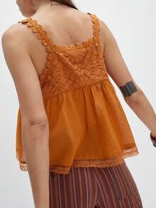 Women Lace Tie Front Tank Top Sleeveless Scoop Neck Lace Trim Sheer Ruffle Crop Vest Tops Summer Y2k Cute Cami Shirt - 橘色 - 查看 4