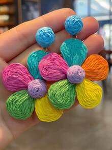 1 Pair Raffia Woven Mini Flower Dangle Earrings - Multicolor - View 2
