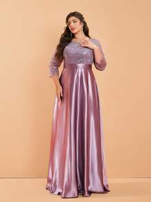 Plus Size Sequin Splice Satin Wide Flare Long Dress With Round Neck Long Sleeves, Formal, Party Dress, Gown, For Evening, Wedding Guest - 淺灰紫 - 查看 3