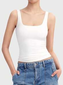 Women Square Neck Sleeveless Tank Top, Basic Style With Double Lining - White - View 2