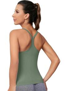 Workout Tops Women With Built In Bra, Sleeveless Gym Tops Seamless Racerback Athletic Yoga Shirts, Activewear - 灰綠色 - 查看 10