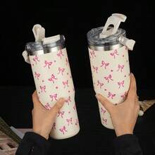 1个900毫升/33.44盎司心形蝴蝶结真空保温水瓶，大容量，带提手和吸管，双饮盖，适合旅行、户外、健身、学习、节日礼物 - 大米色蝴蝶結 - 查看 10