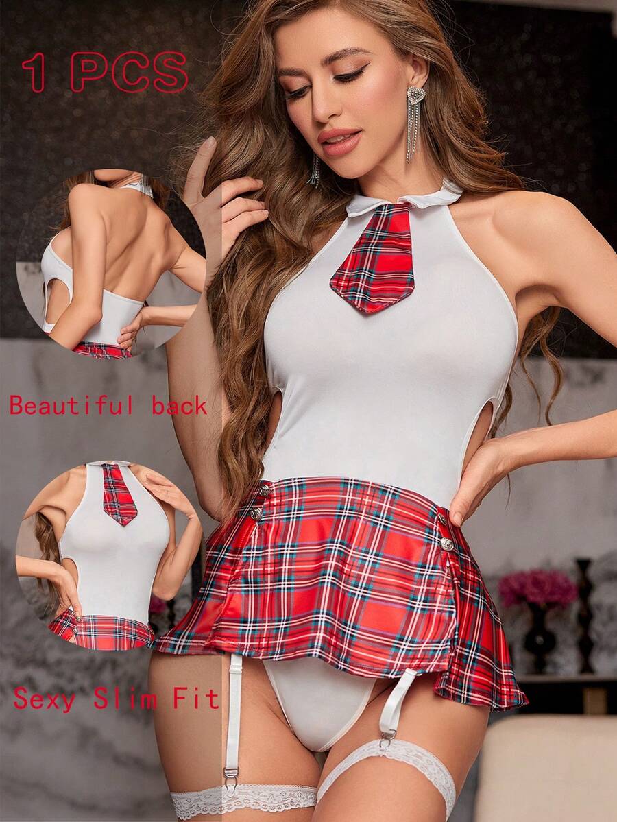 Women's Red Lace Plaid Student Uniform Cosplay Role-Playing Sexy Lingerie Uniform Club Bar Nightclub Performance Clothing Valentine's Day Atmosphere Lingerie Pajamas Including: Dress, Panties, Leg Ring - Red - View 1
