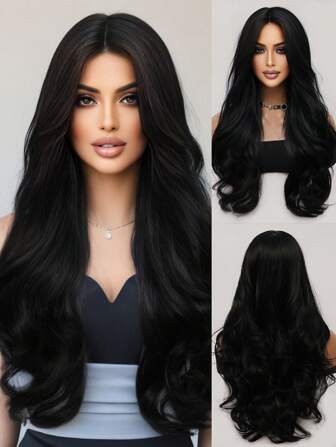 Everyday Black Long Curly Wig 26 Inch Fluffy Look Breathable Lightweight Middle Parted Bangs Synthetic Fiber Wig Women Daily Wear Party Elegant Wig Music Festival Fashion Romantic Valentine's Day Wig Urban Fashion Wig