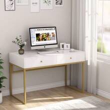 TribeSigns Computer Desk Modern Simple 47 Inch Home Office Desk Study Table Writing Desk With 2 Storage Drawers Makeup Vanity Console Table White And Gold - asPic - View 8