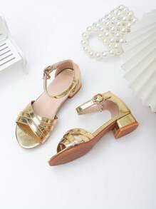 Sandali da ragazza Zantong con fibbia gioiello dorata, intrecciati, sandali estivi con tacco alto per bambini, semplici e scintillanti, con punta aperta, scarpe da festa da principessa eleganti per bambini piccoli e grandi