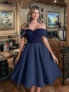 Faeriesty Elegant Off-Shoulder Sequined A-Line Dress - Flattering Silhouette For Weddings, Garden Parties, Proms & Evening Events - Navy Blue - View 4