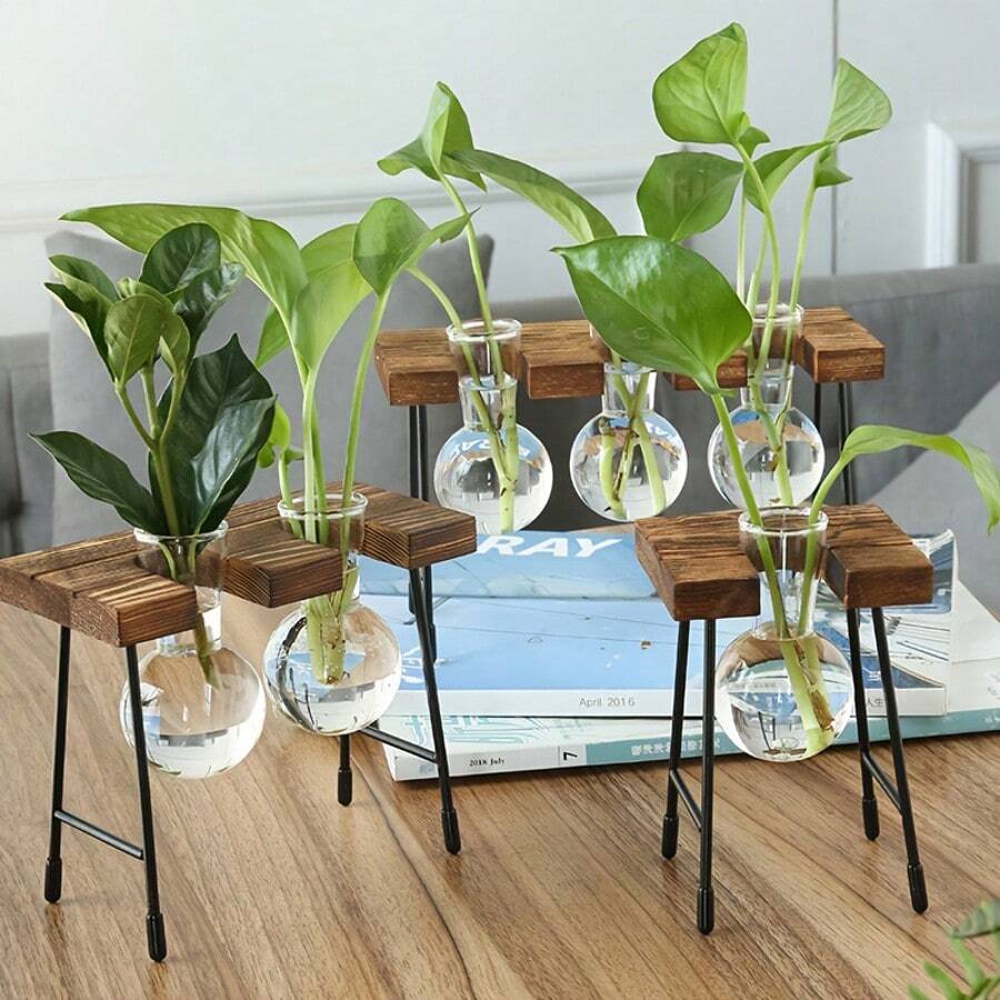 1 Set Glass Vase, Transparent Hydroponics Plant Vase, Wooden Frame Terrarium, Room Decor Desktop Ornament, Retro Cafe Potted Plant (Plants Not Included), Home Decor Glass Vase - Clear - View 1