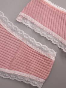 5件套女士卡其色罗纹可爱蝴蝶结蕾丝边性感T型背心内裤 - 卡其色 - 查看 9