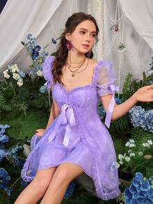 Rochie cu fundă în formă de A, cu decolteu cu bule, cu mâneci cu bule - De bază pentru garderoba de primăvară, vară, pentru ieșiri ocazionale, picnicuri, întâlniri, întâlniri și evade - Violet - Vizualizare 2