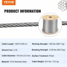 High Strength T316 Stainless Steel Wire Rope Cable 3.2MM Diameter 1000FT Length 11.14KN Capacity Flexible Railing Solution 300M Outdoor Use - Silver - View 2