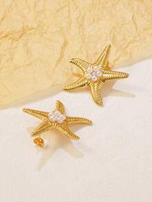 1 对简约海星设计不锈钢耳钉，适合女性日常生活、旅行、派对佩戴 - 金黃色 - 查看 6