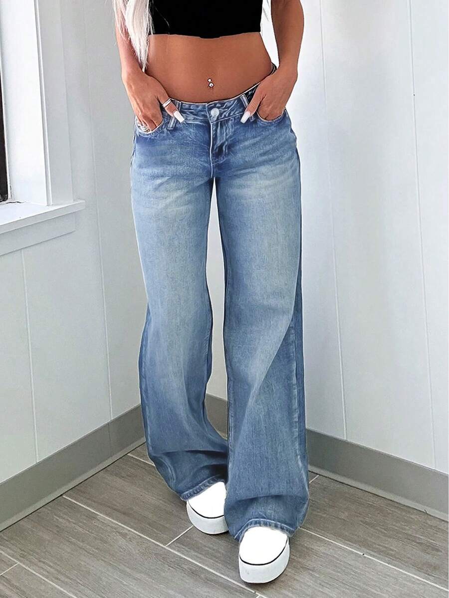 Women Retro Distressed Loose Straight Leg Jeans - Medium Wash - View 1