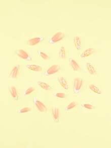 24pcs Summer Model Press On Nails French White Fake Nails French Yellow Nails Press On Medium Almond Shape Nails Art Fresh Design Nails Art Manicure Set Includes 1sheet Adhesive Tabs & 1pc Mini File Perfect For Everyday Wvear