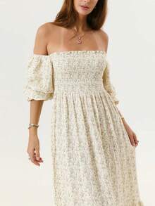 Women's Autumn Long Beach Dress Long Sleeve Off Shoulder Solid Color/Floral Dress - Màu be - Xem 6