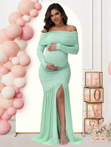 JustVH Maternity Long Sleeve Off Shoulder Dress Solid Color Mesh Paneled Split Hem Gown For Baby Shower Photoshoot Party - 薄荷綠 - 查看 1