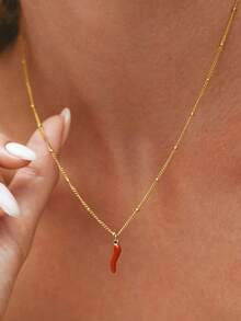 MECYLIFE 1pc Minimalist Stainless Steel Red Chili Pepper Pendant Necklace, Versatile For Women - Gold - View 5
