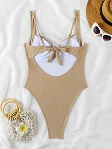 Polovedo官方性感V领黑白撞色沙滩连体泳衣 - 卡其色 - 查看 3