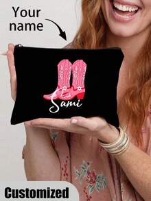 Customized Cowgirl Name Makeup Bag - Bachelorette Party Gift, Lightweight And Durable Polyester Zipper Makeup Pouch, Convenient For Travel And Storage - Black - View 2
