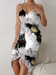 Casual Summer Beach Holiday Marble Print Wrap-Around Tank Dress For Women